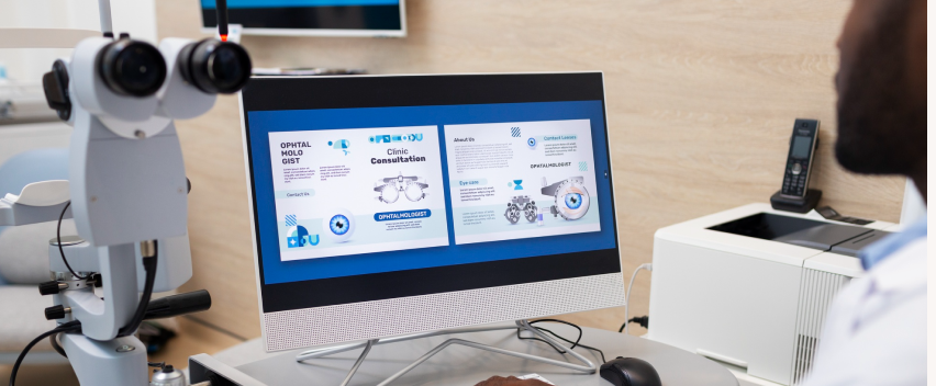 A researcher working with ophthalmic equipment in a clinical setting